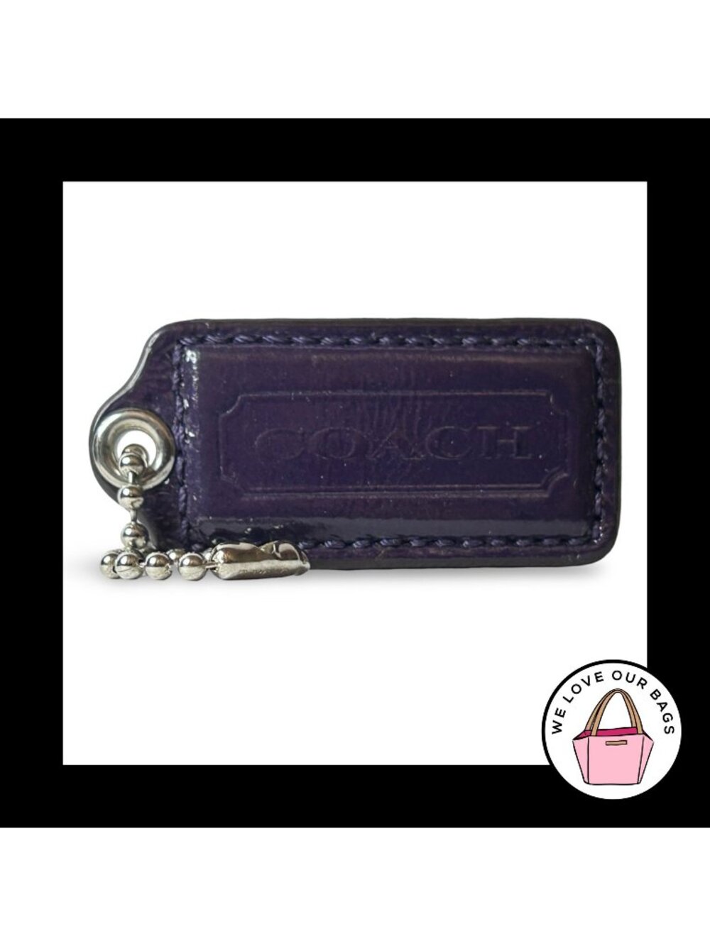 COACH HANG TAG 2.25" Purple Patent Leather Nickel Bag Charm Keychain Fob Large